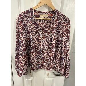 Natalie Martin Blouse Red White Blue Floral Pintuck Tassel Boho Top Small